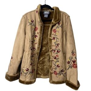 Womens Bill Blass Sport Embroidered Floral Sherpa Style Coat Size M